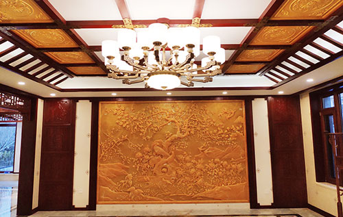 寿县中式别墅客厅中式木作横梁吊顶装饰展示