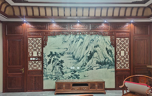寿县中式仿古别墅客厅背景墙花格木作装饰